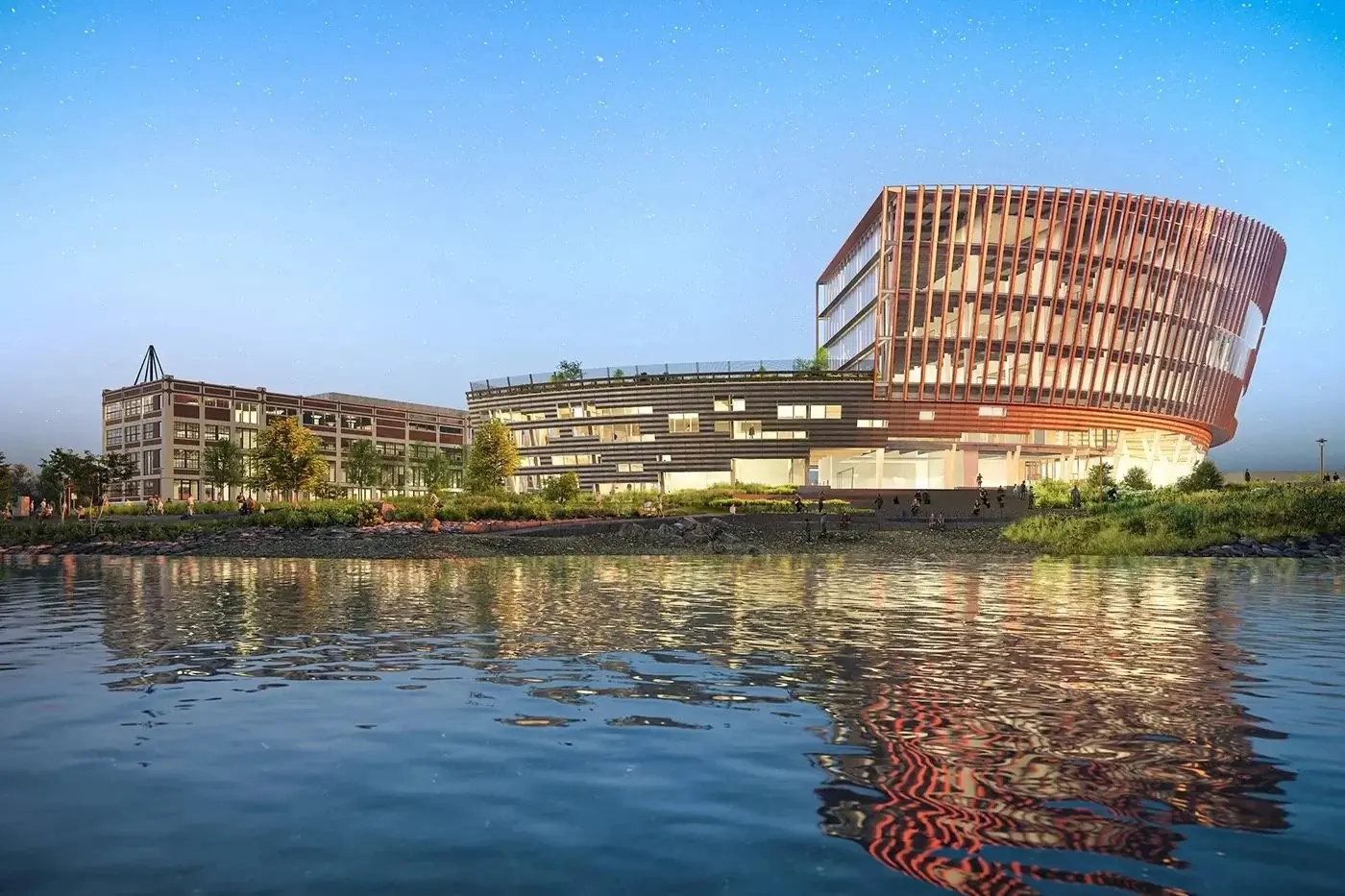 Modern building with a curved, slatted facade on the Portland, Maine waterfront.